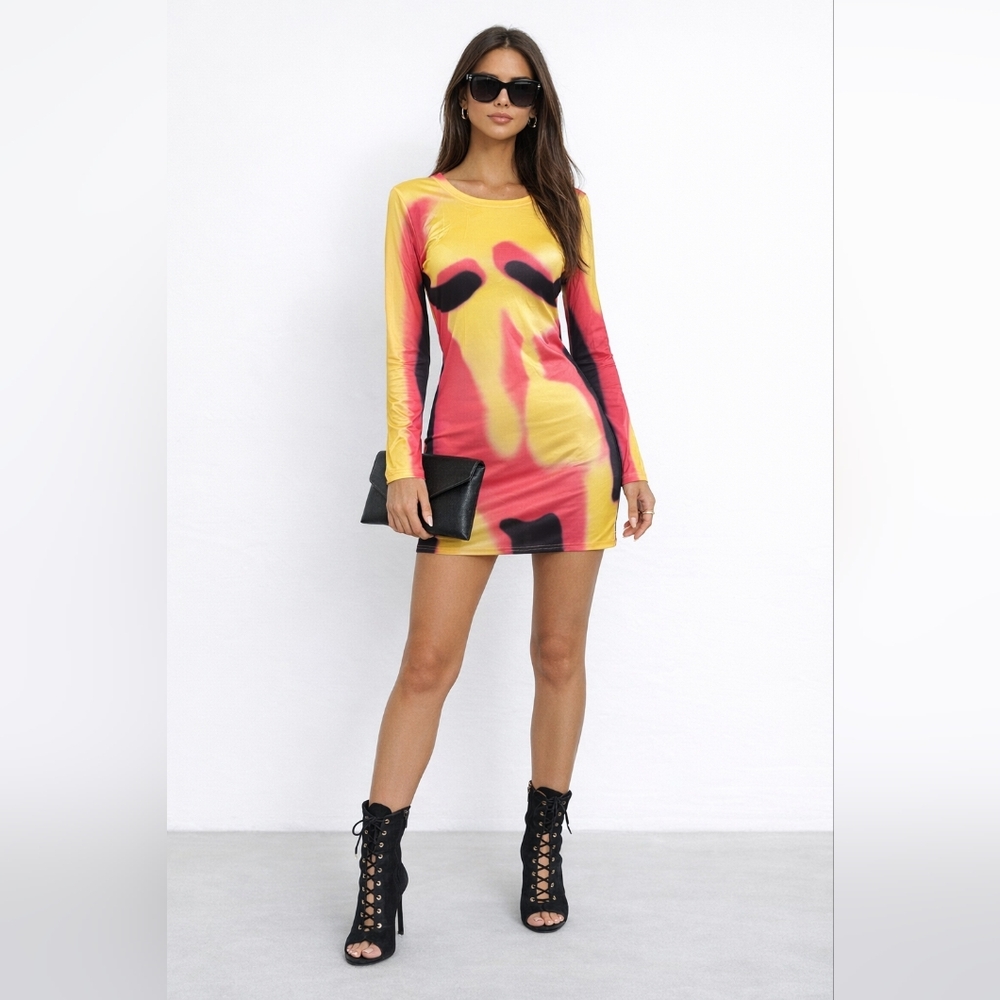Abstract Colorblock Long Sleeve Mini Dress in Yellow & Pink